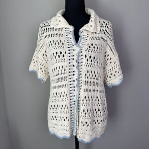 Free People Ivory Blue Crochet Knit Short Sleeve Button Down Cardigan XS Cottage
